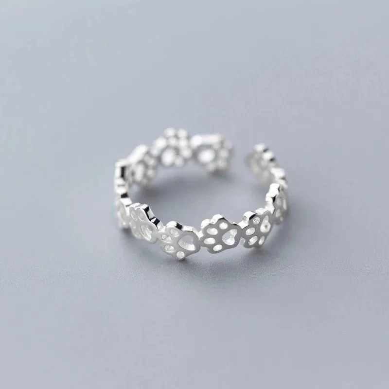 New Fashion Creative Hollow Kitten Paw Print 925 Sterling Silver Jewelry Cute Temperament Cat Animal Opening Rings   R281