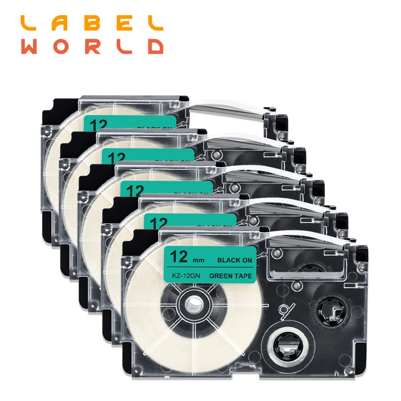 9/12/18 мм casio label tape черный на зеленый совместимый для KL-60 машинка KL-60SR kl120 принтеры этикеток, 5 шт в упаковке