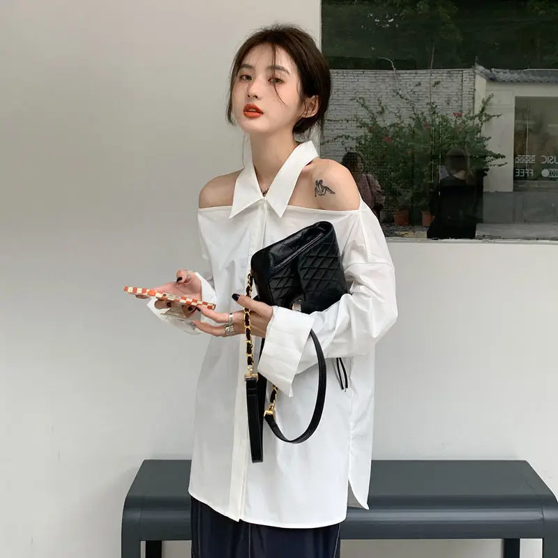 Shirts Women White Fashion Korean Style Vintage Turn-down Collar Office Lady Hollow Out Sexy Off Shoulder Loose Street Elegant