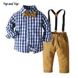 Top e Top-Boys manga comprida xadrez bowtie top e suspensor de calças, roupas casuais infantis, roupas de primavera, outono, novo