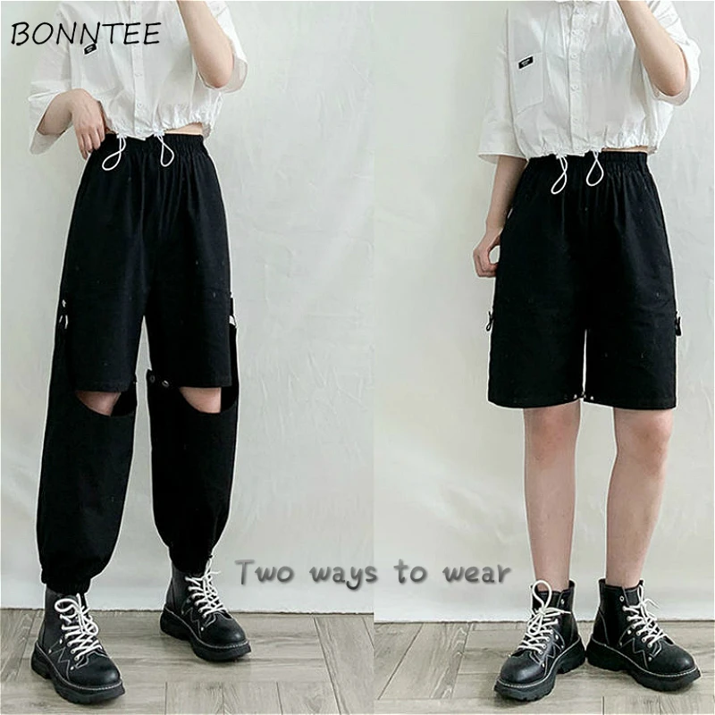 Cargo Pants Women Chic Korean Hollow Out Black Summer All-match Ladies Streetwear Harajuku Trendy Womens Trouser College Design