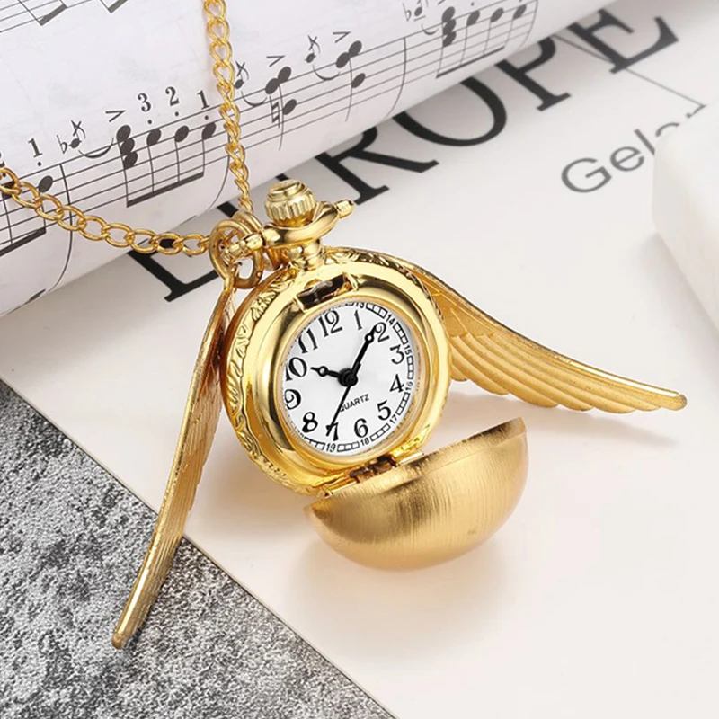 Vintage Ball Wings Quartz Pocket WatchChain Necklace Watches Golden Clock Gift Present reloj de bolsillo