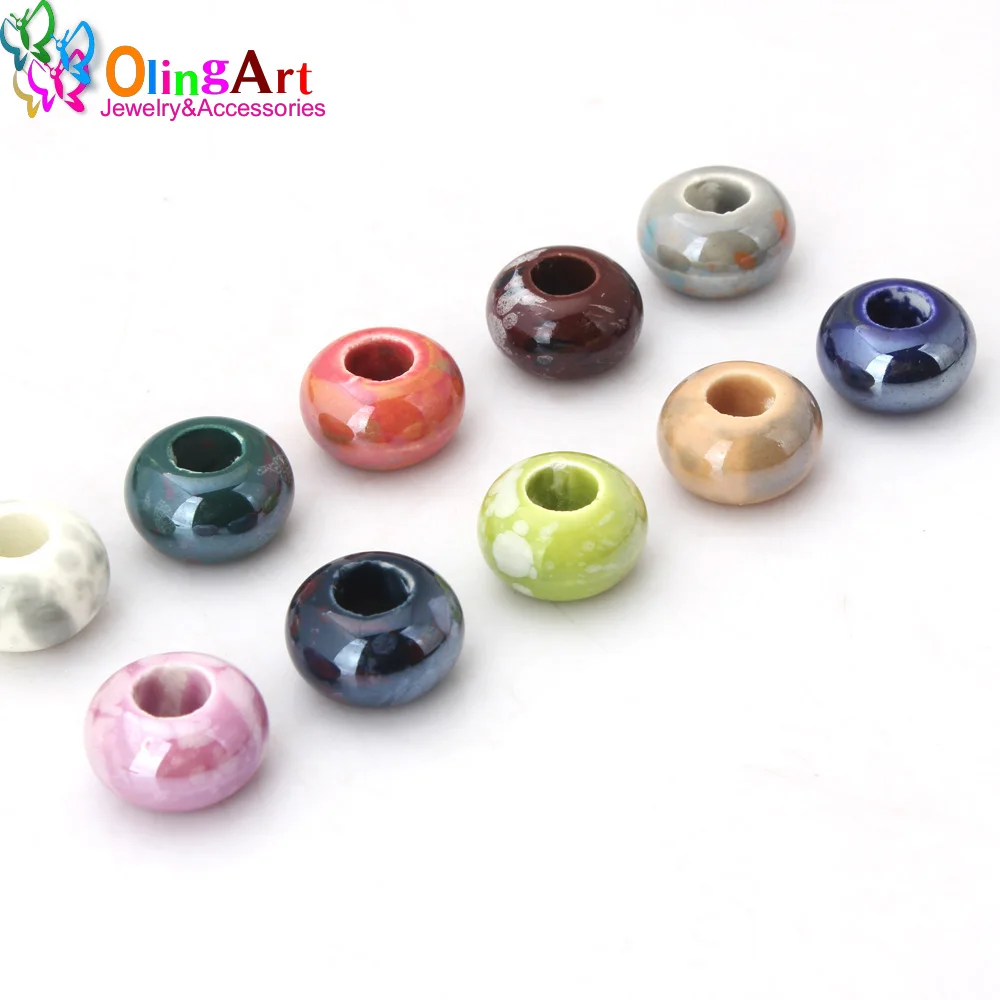 OlingArt 14x9mm 12Pcs Mix Color Big Hole Electroplating Ceramics Charm Beads For DIY European Bracelet Necklaces Jewelry making