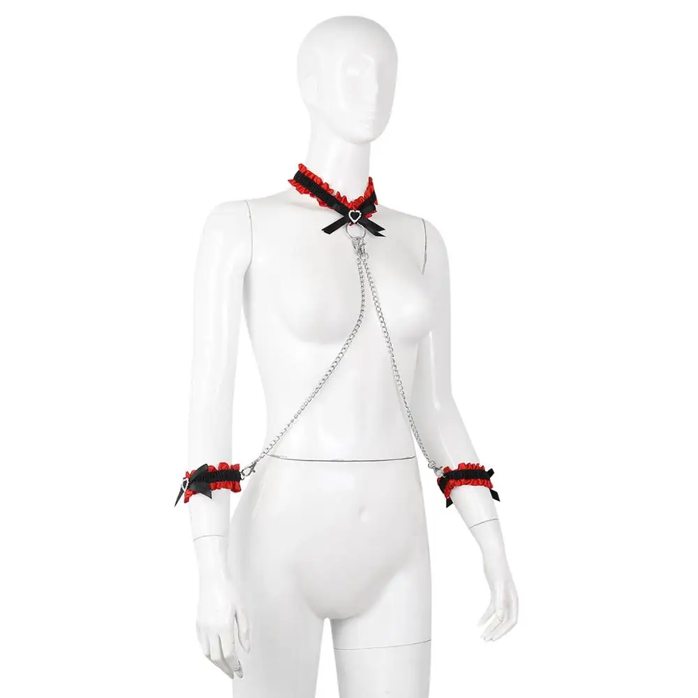 Erotic Goods BDSM Bondage Lace Bow Handcuffs Ankle Cuffs With Collar SM Restraints Sex Toys For Women fetish sex game sex tools - view 2