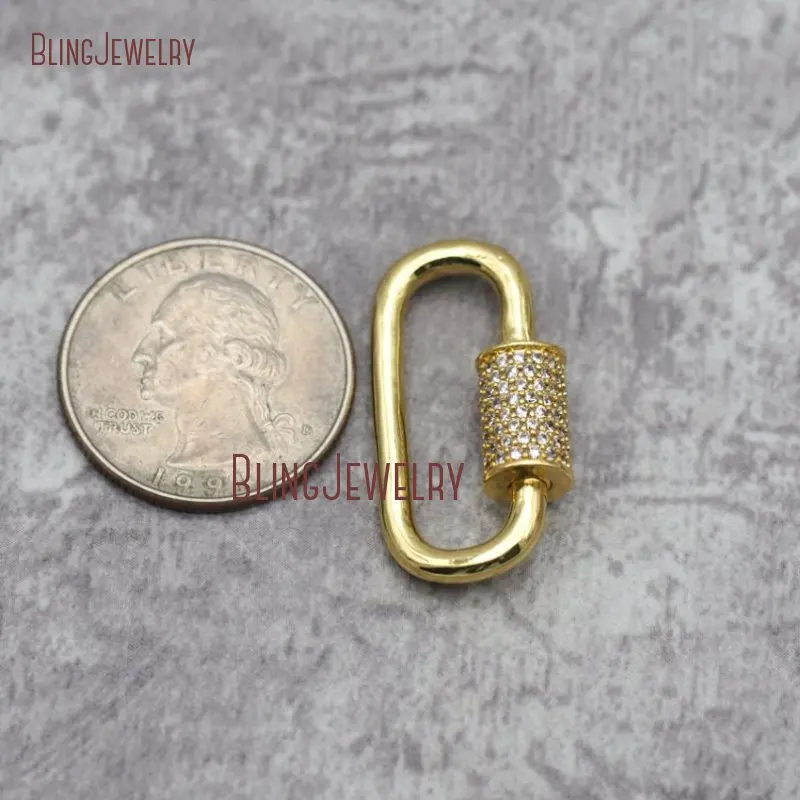 Charm Holder Gold Oval LOCK CZ Micro Pave  Shape Screw Clasp Lock Carabiner   16x30mm FC28359