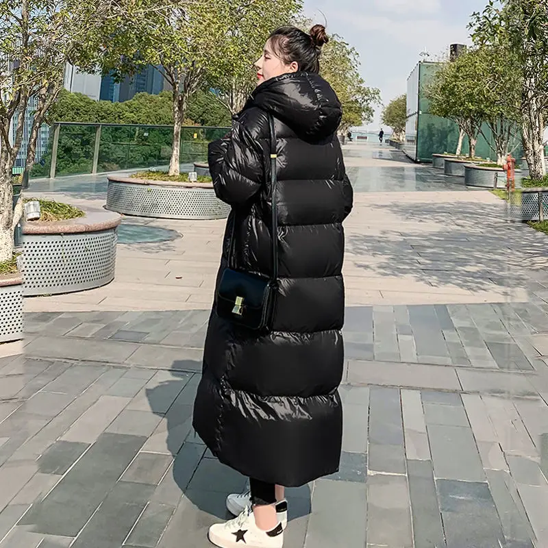 2024 New Thicken Snow Parkas Fashion Windproof Glossy Down Cotton Hooded Women Jacket Winter Loose Long Coat 4XL Ladies Outwear