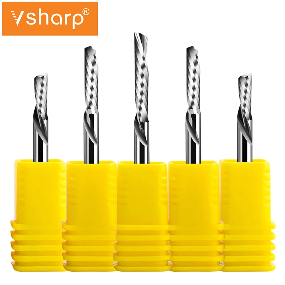 Vsharp AAA Left Spiral Milling Cutter Down Cut One Flute CNC End Mill 6 8 10 mm Shank Engraving Bits Tungsten Steel Acrylic