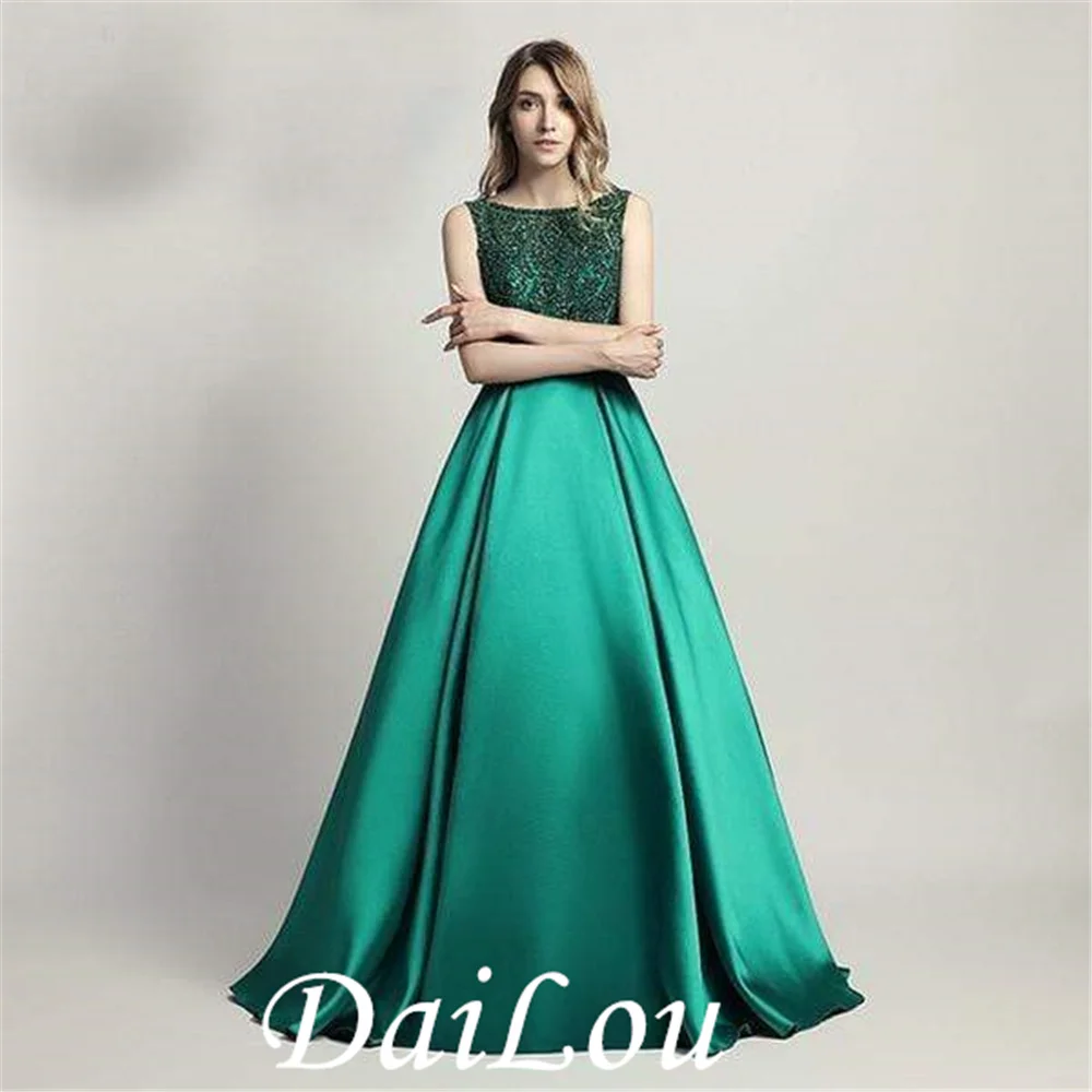 A Line O Neck Floor Length Elegant Beaded Women Evening Party Ceremony Dresses Long Dubai  Satin  Formal Prom Gown Vestidos 2021