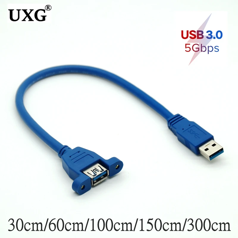 Blue USB 3.0 Cable 3.0 Extension Male To Female Extender Cable Cord With Dual Shielded Screw Panel Mount 0.3M 0.6M 1M 1.5M 3M