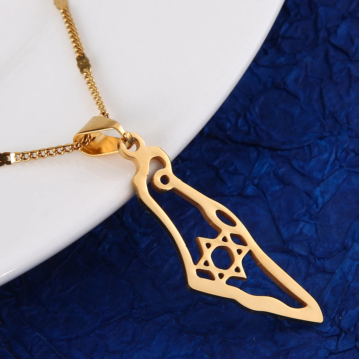 Stainless Steel Israel Map Pendant Necklace Hexagram Magen David Star of David Jewish Jewelry