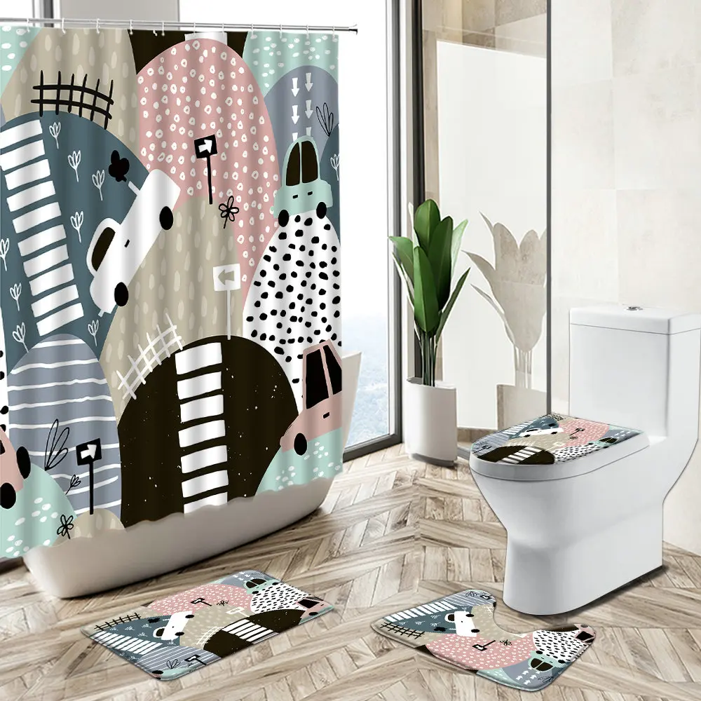 

Cartoon Car Kid Shower Curtain Fun Elephant Lion Dinosaur Animal Hand Painted Design Non-Slip Carpet Toilet Cover Floor Mat Set