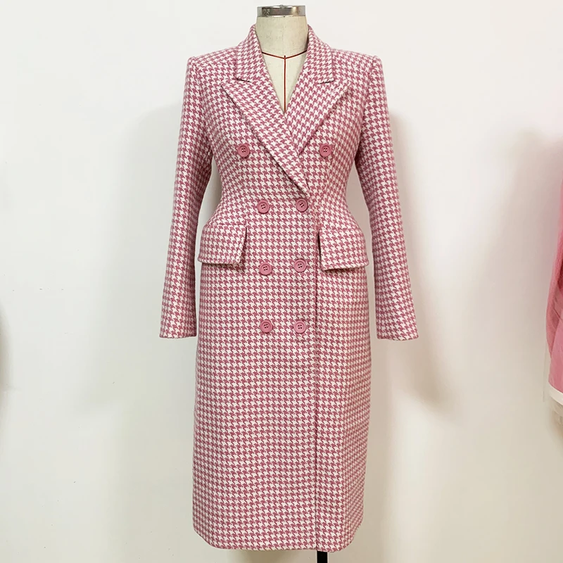 HIGH STREET Newest 2024 Fall Winter Fashion Designer Overcoat Women\'s Double Breasted Pink Houndstooth Tweed Wool Long Coat