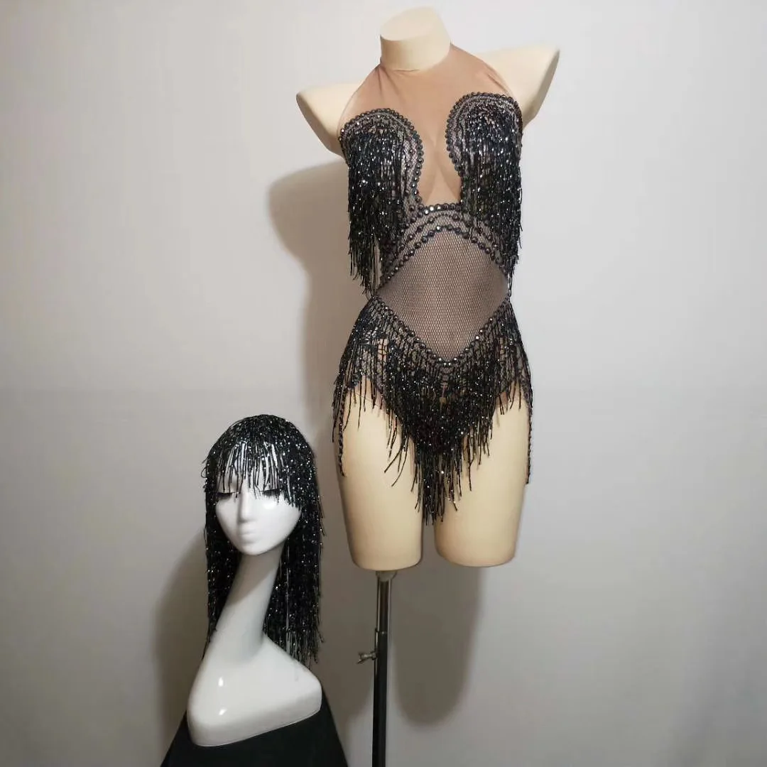 

Singer Stage Show Leotard Headdress Black Tassel Women Bodysuit Skinny Stretch Jumpsuit