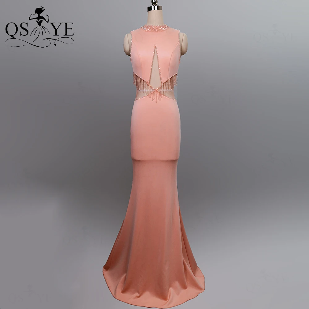 

Pink Prom Dress Beading Waist Princess Party Gown Crystal High Neck Open Hollow out Sides Evening Gown Sleeveless Zipper up