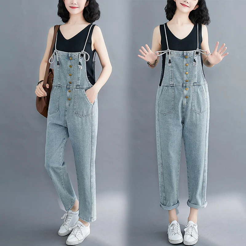 

6418 Summer Women Denim Jumpsuit Dungarees Full Length Casual Trend Rompers Ladies Overalls Playsuits Harem Jean Femme Oversize