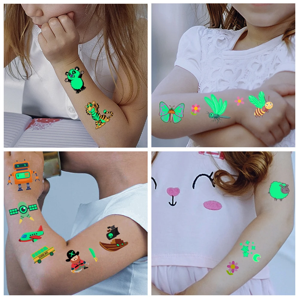 1PC Tattoo Sticker Luminous Kid Temporary Fake Tattoos Glow Paste on Face Arm Leg For Children Body Art Bee Space Ocean Stickers