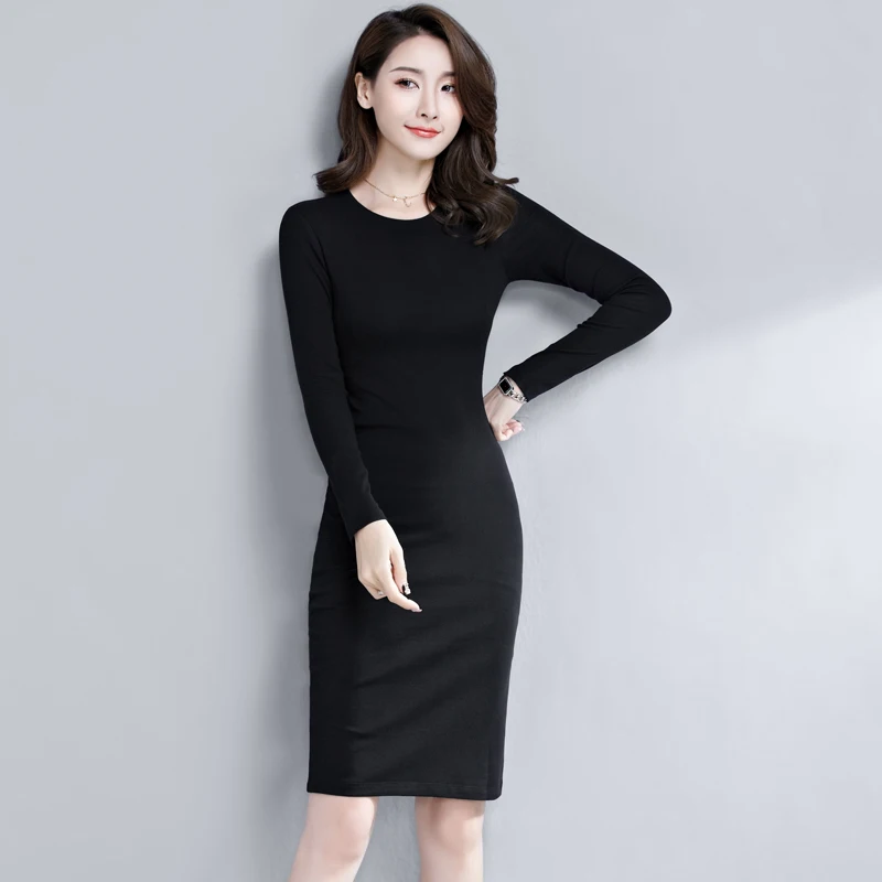 Women Cotton Dress O-Neck Solid Color Long sleeve woman\'s clothing Winter&Autumn woman\'s dressr All match Lady\'s Casual Dress