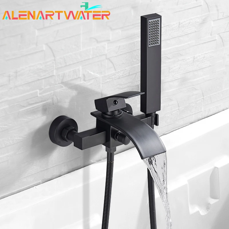 Grifo de bañera de cascada negro, montaje en pared, caño de bañera de cascada, agua fría y caliente con grifo mezclador de ducha de mano ABS, grifo de ducha de baño