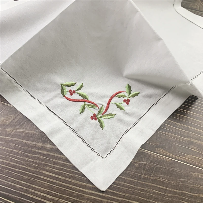 12 PCS Christmas Dinner Napkins White Hemstitched linen Table Napkin with Color Embroidered Floral Tea Napkins 20X20