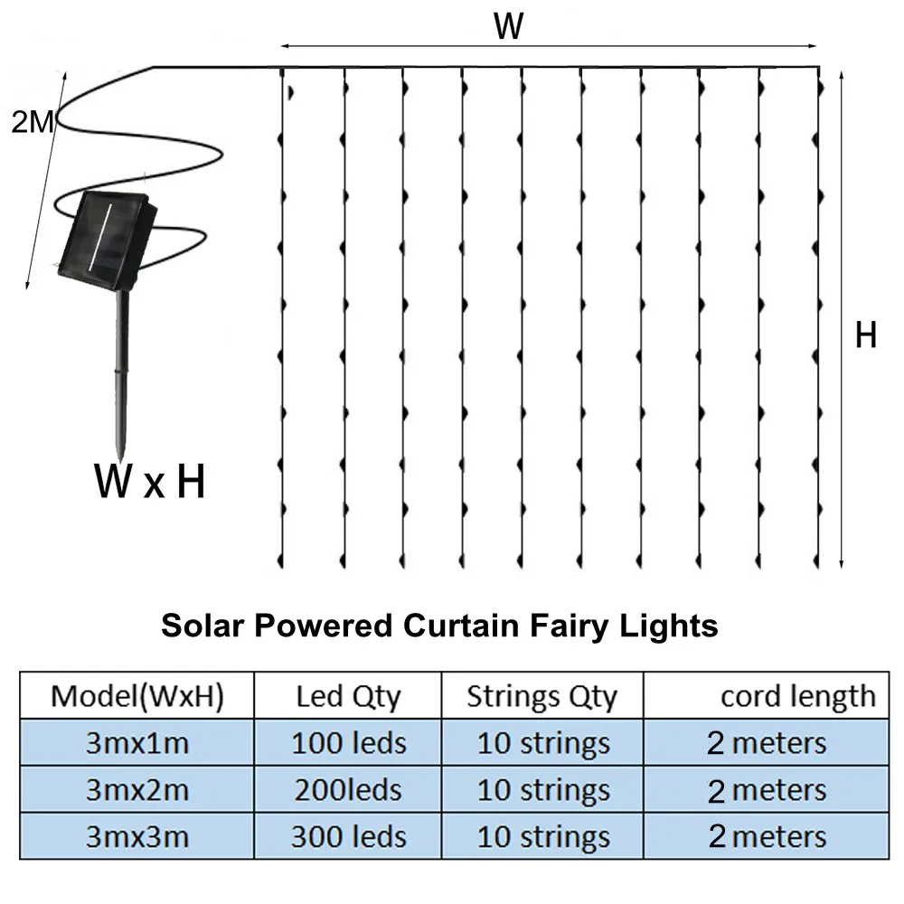 Lumière de corde de rideau solaire Extérieur 8 modes Lumières de fées Imperméable à l’eau Lumières en fil de cuivre 3Mx3M Décoration de Noël 2025 Festoon pour Noël / Mariage / Fête / Extérieur / Maison / Décor de chamb