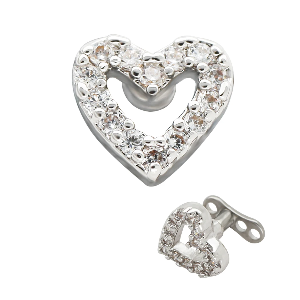 JHJT 1PC Heart Dermal Anchor Top with Titanium Base Micro Dermal Piercings CZ Skin Diver Surface Implants Sexy Jewelry