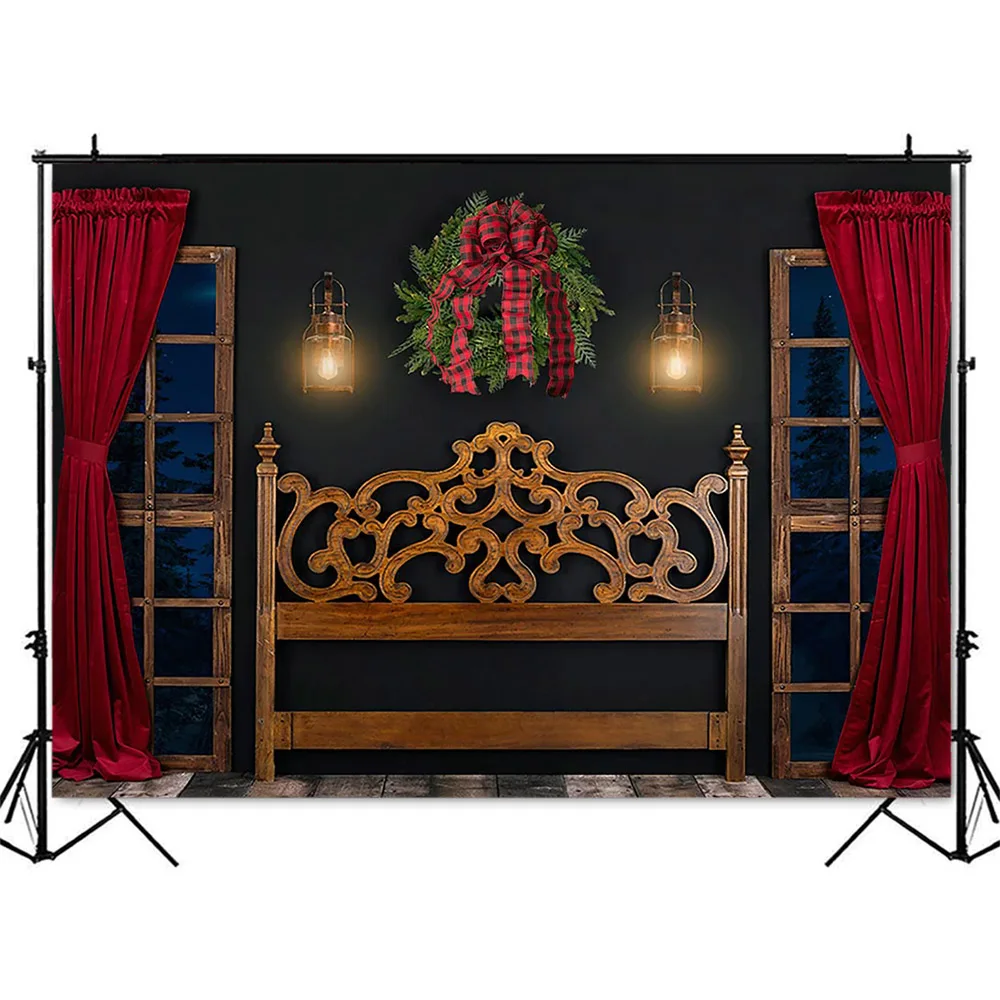 คริสต์มาส Headboard ฉากหลังสำหรับถ่ายภาพ Windows ฉากกลางคืนพวงหรีดพื้นหลังภาพพื้นหลังสีแดงผ้าม่านน้ำมัน Photocall Props