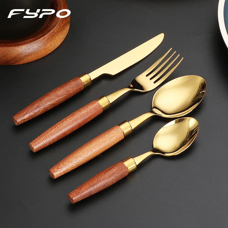 Fypo Stainless Steel Cutlery Set Wooden handle Dinnerware Set Knife Fork Spoon Tableware Flatware Kitchenware Kitchen utensil