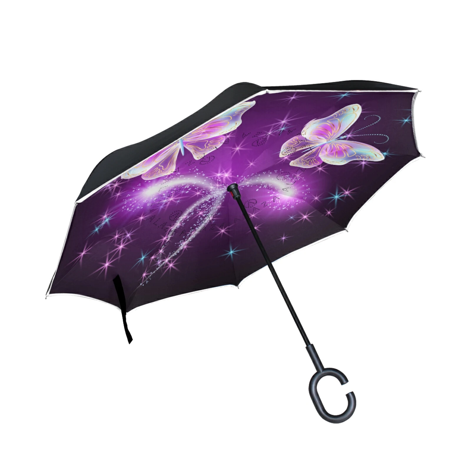 Windproof Car Reverse Umbrella Galaxy Insect Butterfly Umbrella Rain Women Double Layer Inverted Self Stand Umbrella Parasol