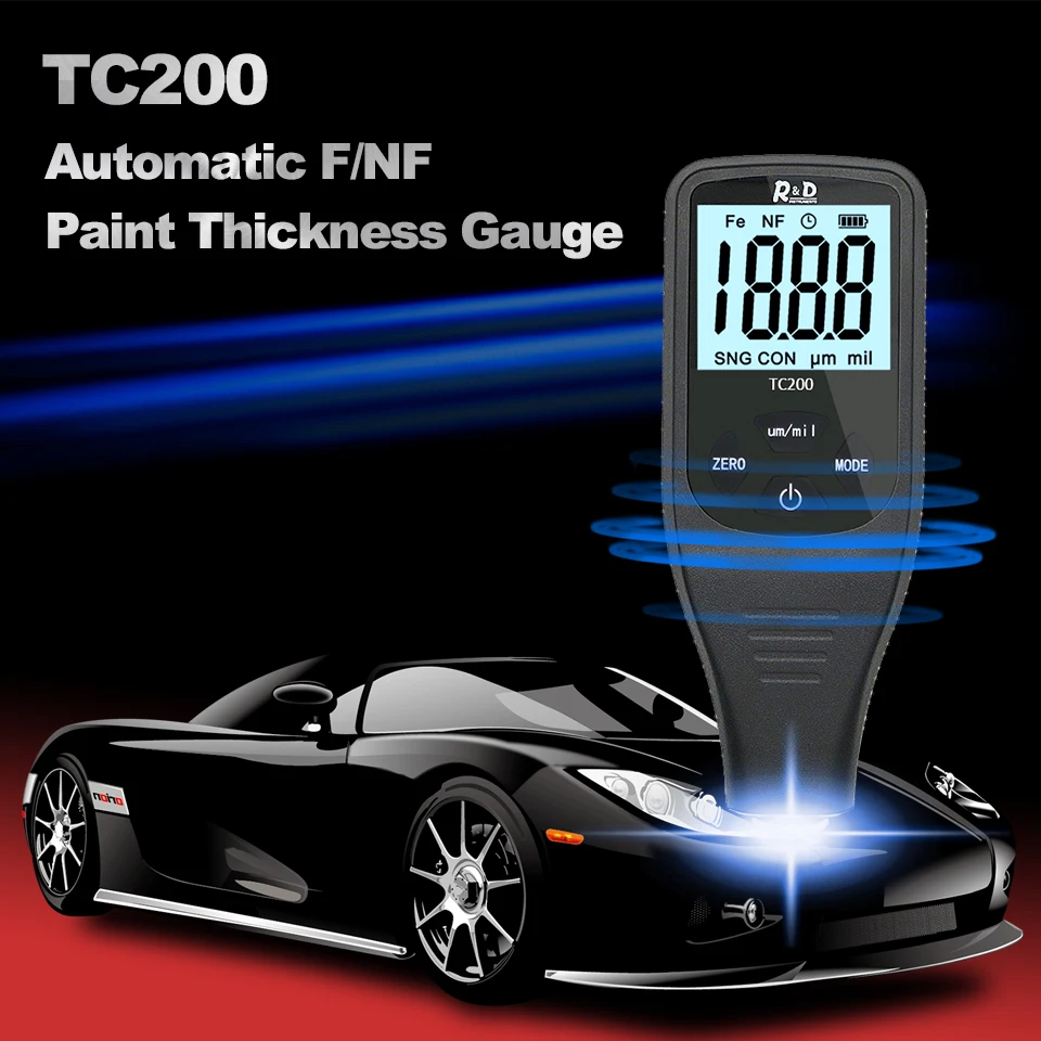 R&D TC200 Coating Thickness Gauge Backlight LCD Film measurement composite Auto Car Paint Thickness Meter withUS RU Manual Fe/NF