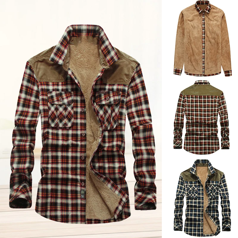 2023 New Men's Fleece Lined Flannel Shirt Jacket Warm Button Down Plaid Long Sleeve Classic Coat Winter Outwears Casual Plaid