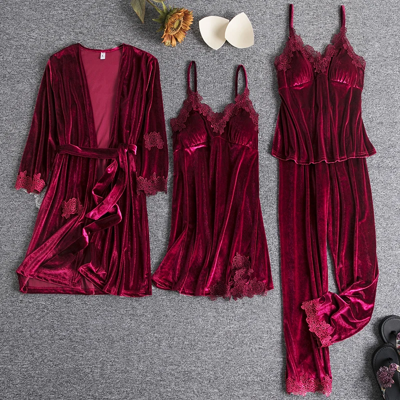 Velour Pajamas Suit Burgundy Womens 4PCS Nightgown Sleep Set Spring Robe Gown Sleepwear Pijamas Velvet Nightwear Home Clothing