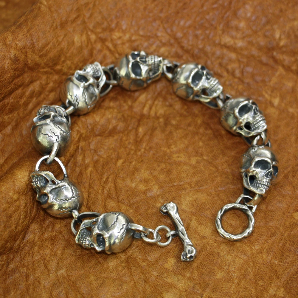 

LINSION 925 Sterling Silver Details Huge Skulls Chain Mens Biker Punk Bracelet TA182