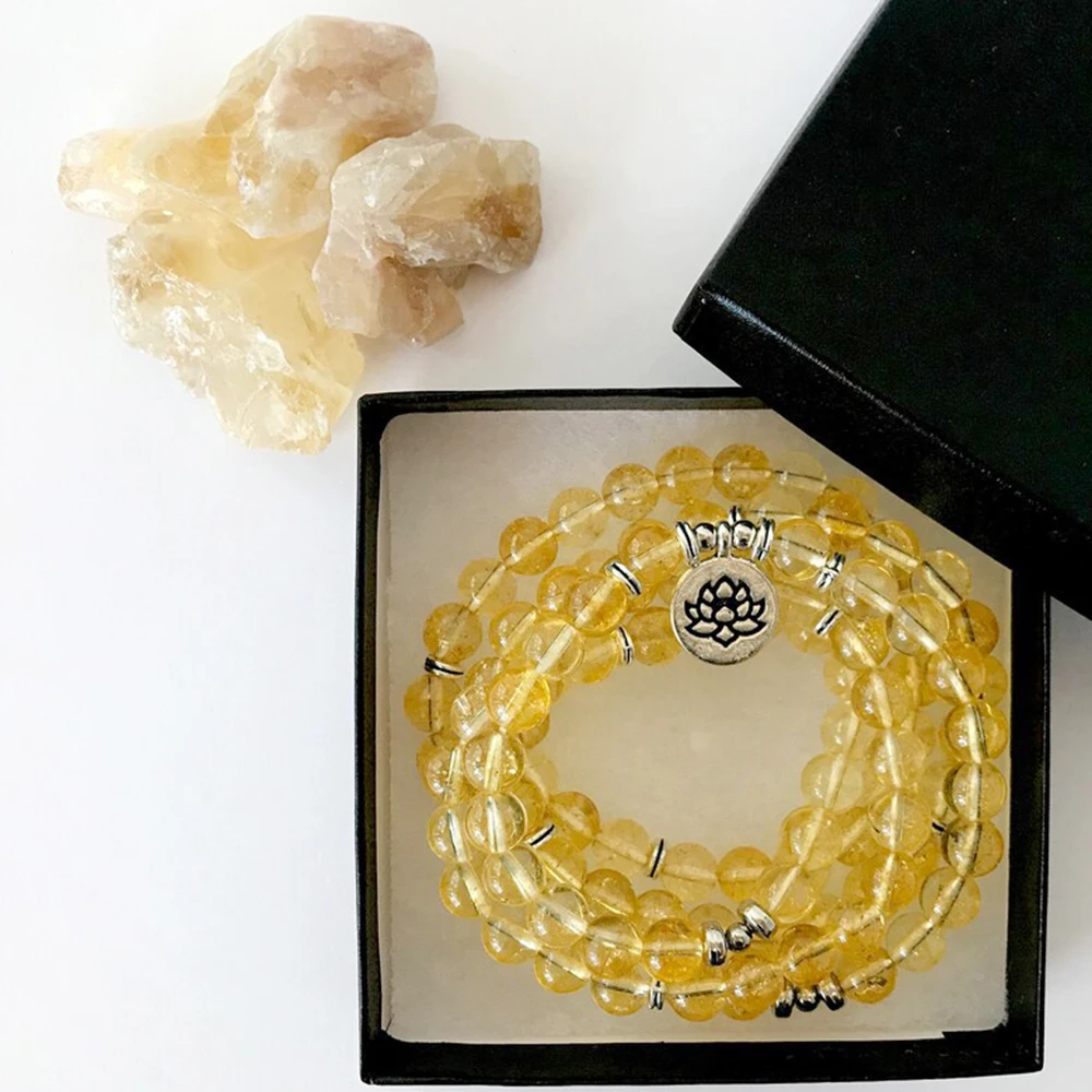 MG1358 Natural A Grade Citrine 108 Mala Bracelet Yellow Crystal Lotus Charm Rosary Necklace Spiritual Healing Jewelry For Women