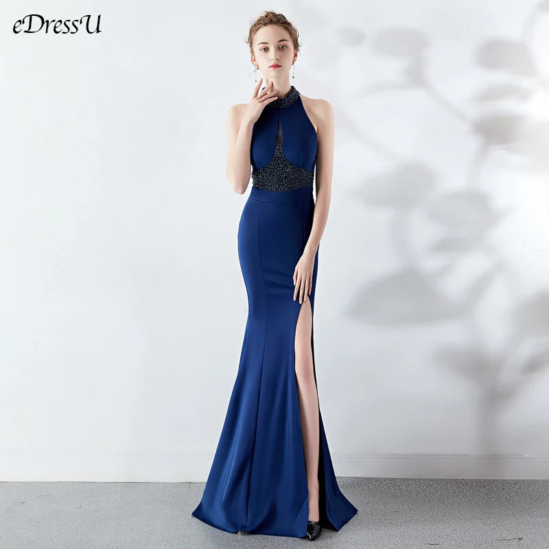 

Halt Beading Mermaid Evening Party Dress Sexy Split Vestido de Fiesta Elegant Long Dress Backless Formal Prom Dress YNY-8637