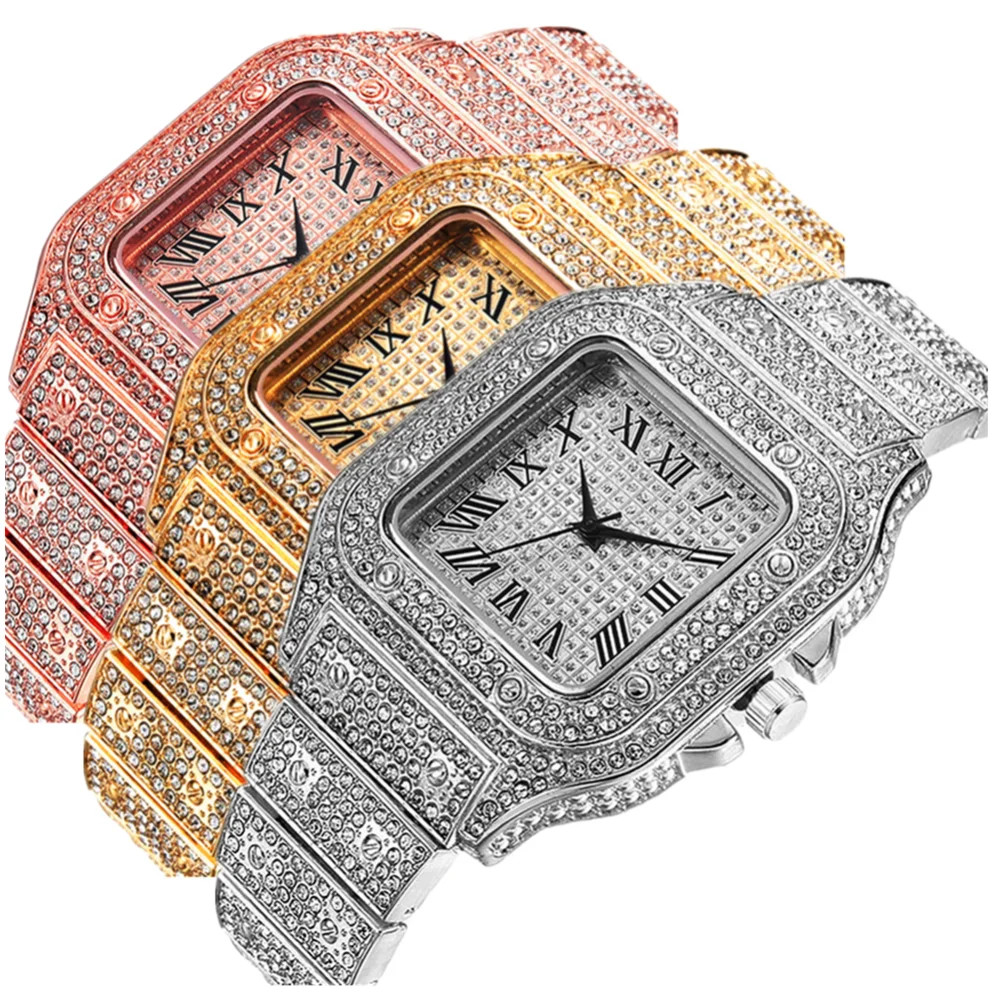 

New Watches for Men Women Luxury Hiphop Iced Out Watch Clocks Gold Rhinestone Quartz Square Wristwatch Hip Hop Watch Men Relogio