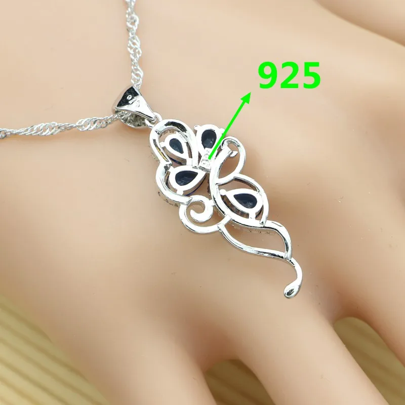 925 Silver Jewelry Sets for Women Party Accessories Natural Blue Sapphire White Crystal Pendant Necklace Ring Earrings Set