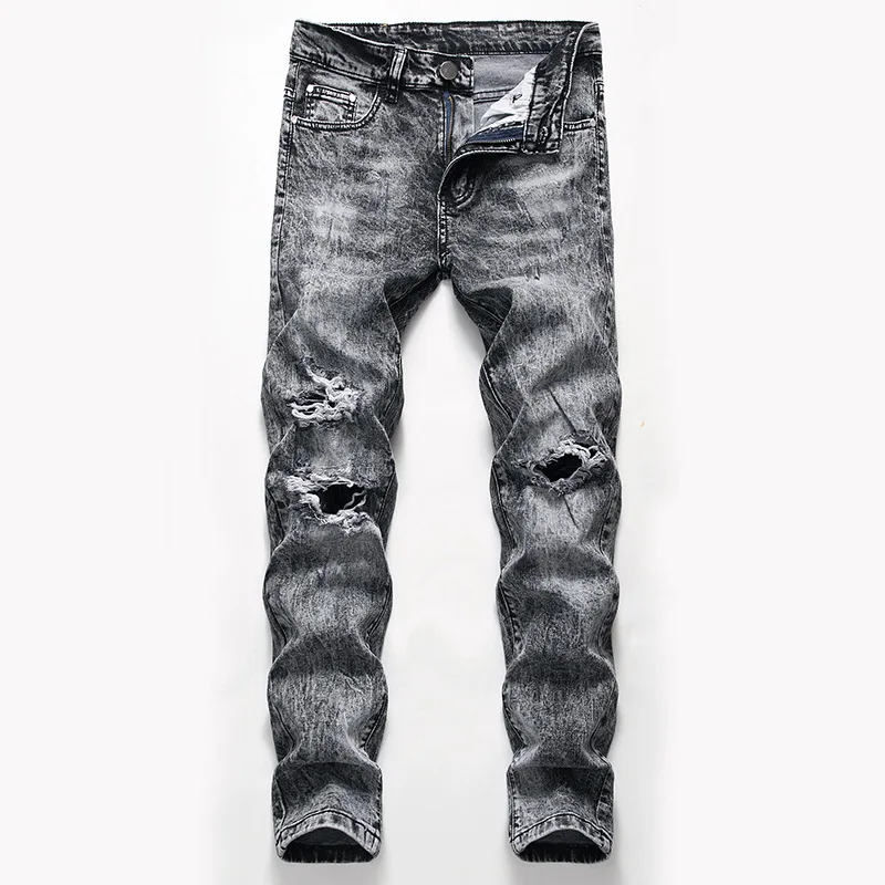 

High Quality Gray High Street Scratched Ripped Fashion Men's Jeans Slim Casual Stretch Denim Pants Big Size Male Brand Trousers