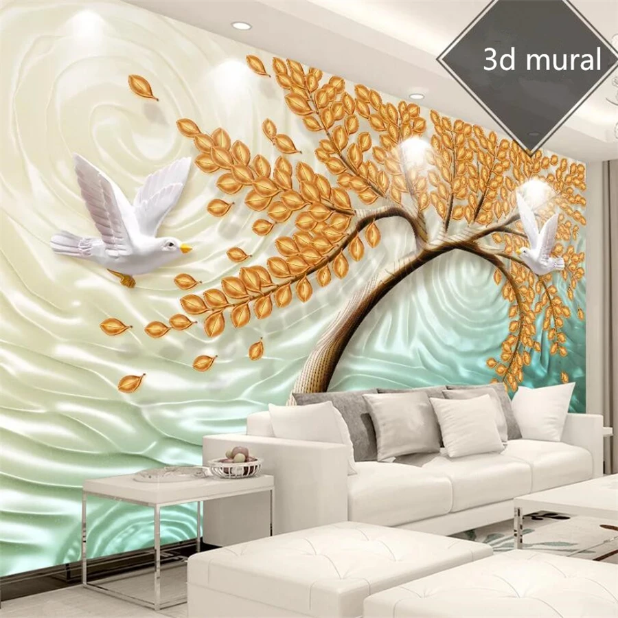 

Custom wallpaper luxury 3D embossed fortune tree happiness tree gold leaf European background wall 5d wallpaper 8d photo murals