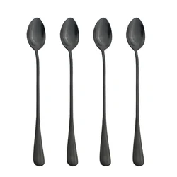 4Pcs Black Long Handle Tea Spoons Juice Stirring Cutlery Stainless Steel Coffee Spoon Drinking Flatware Kitchen Drop Shipping
