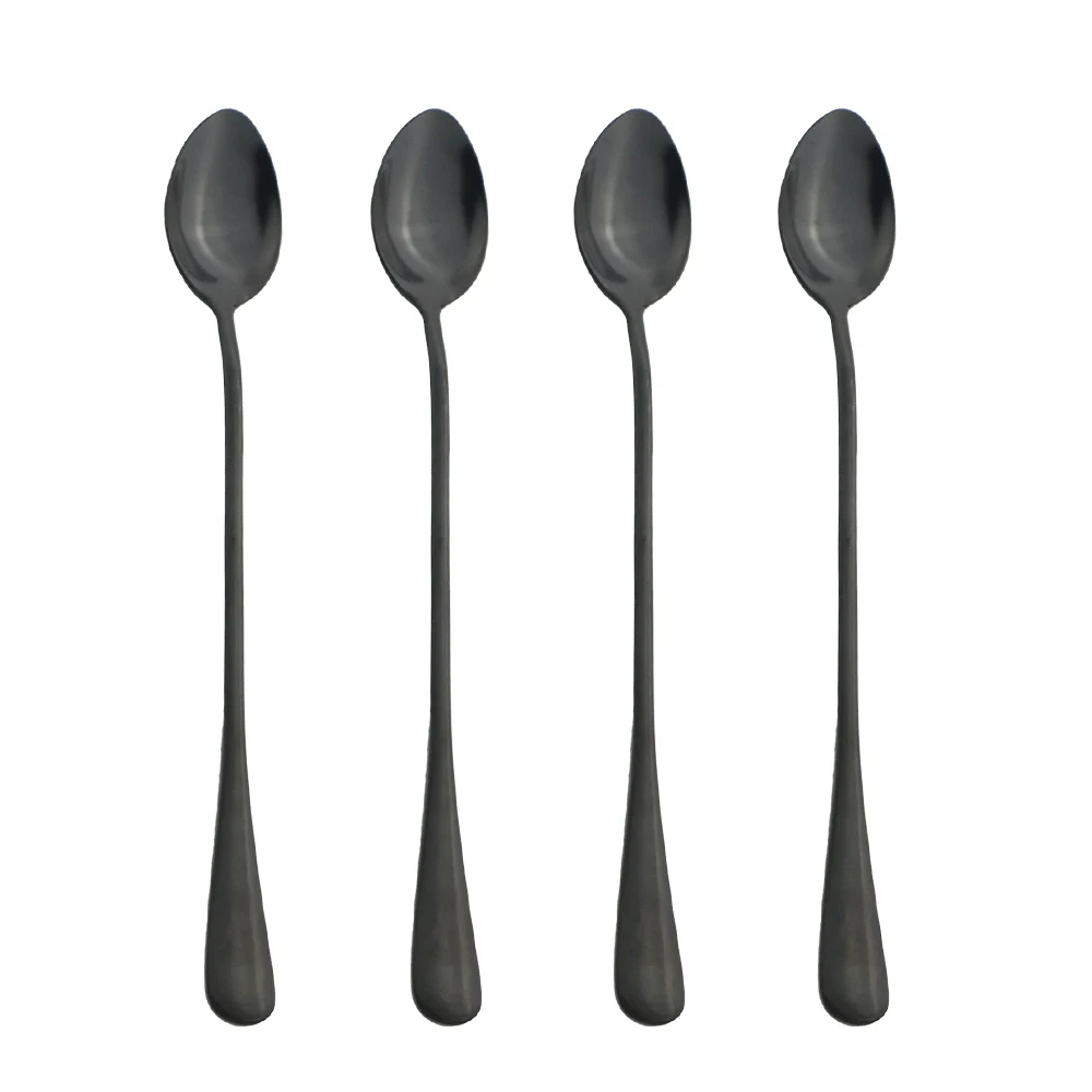 4Pcs Black Long Handle Tea Spoons Juice Stirring Cutlery Stainless Steel Coffee Spoon Drinking Flatware Kitchen Drop Shipping