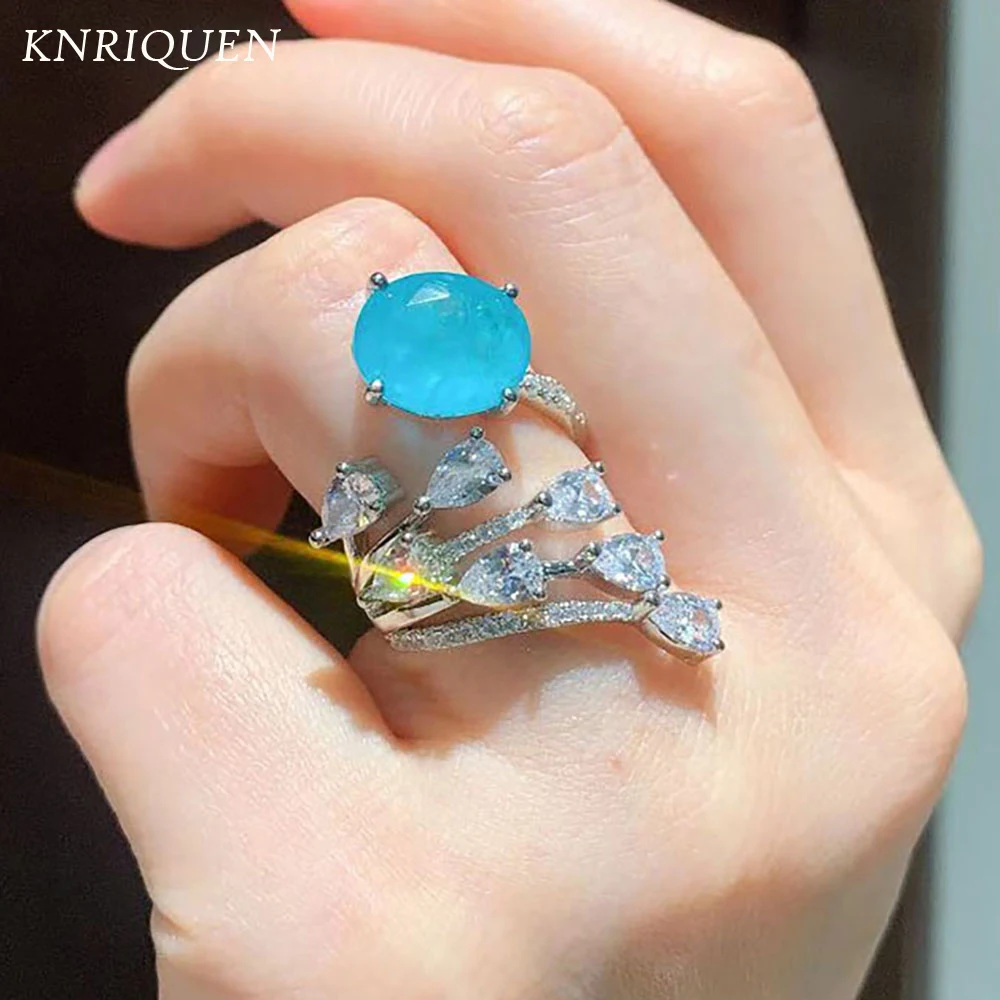 Unique Full High Carbon Diamonds Paraiba Tourmaline Gemstone Women's Rings Vintage Wedding Bands Party Fine Jewelry Female Gift