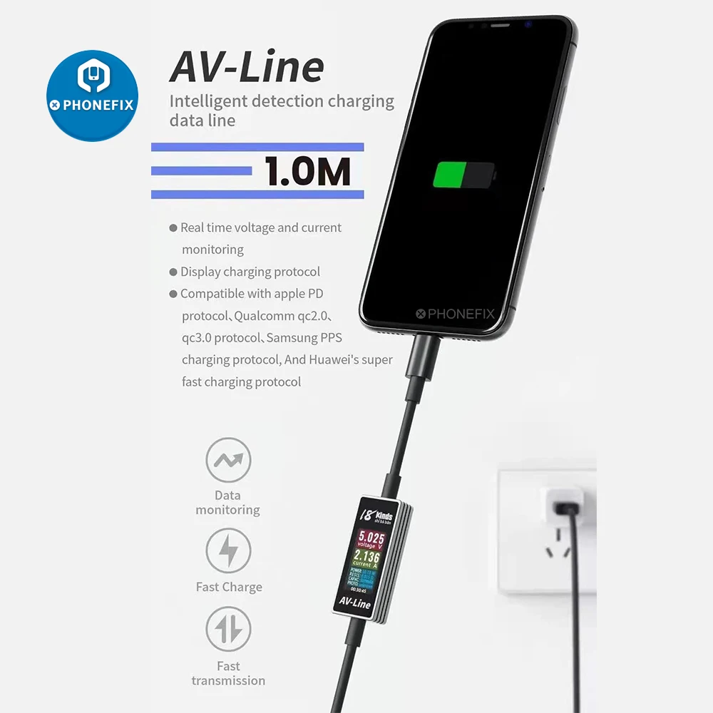 AV-Line ذكي كشف شحن خط البيانات USB شحن كابل آيفون/سامسونج الجهد في الوقت الحقيقي والرصد الحالي