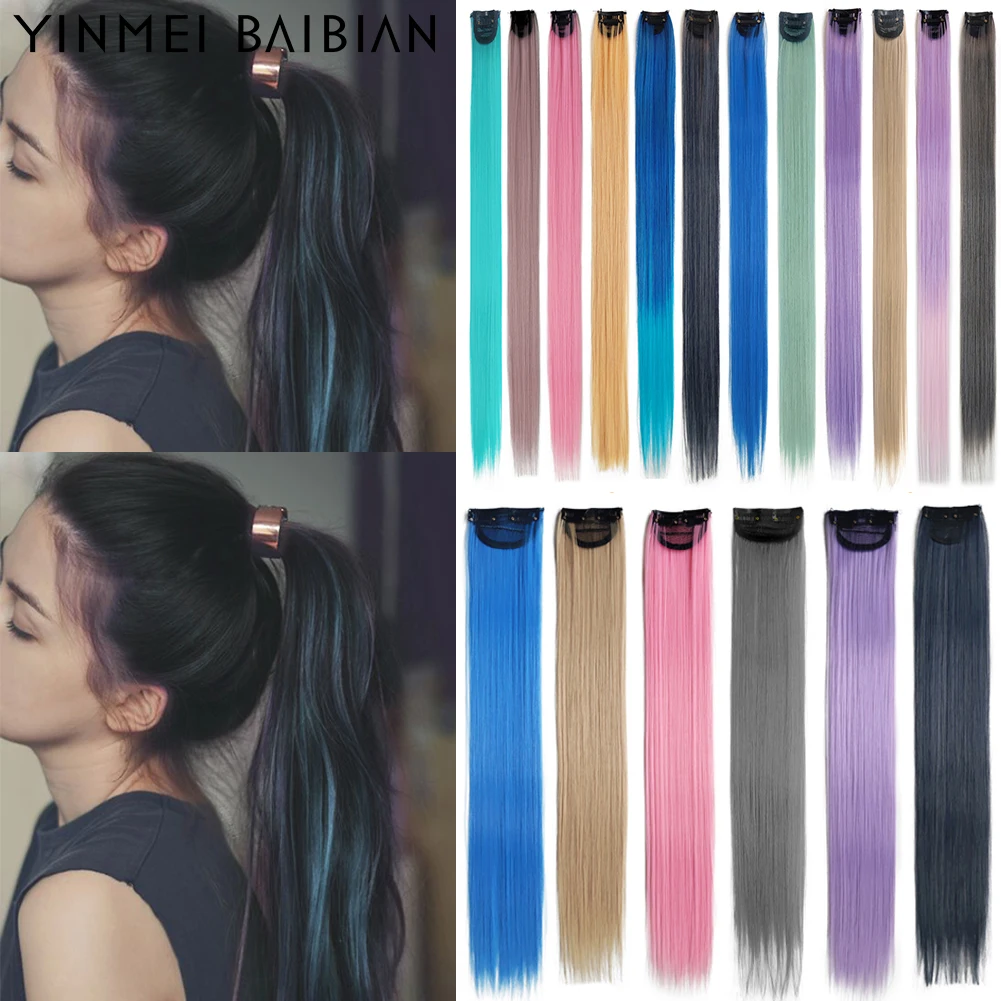 Synthetic Colored Clips with Net In Hair Extensions 22inch Straight Rainbow Clips In One Piece Hair Colored Clips Hairpieces