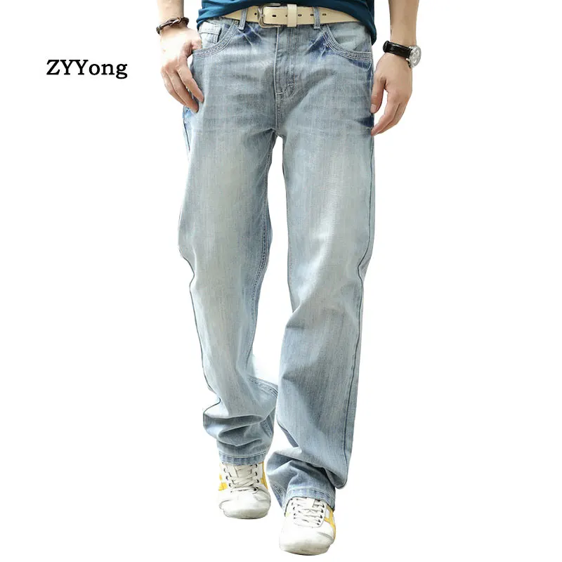 

Large Size 28-44 Loose Baggy Straight Classic Men Jeans Casual Hip Hop Skateboard Denim Trousers Light Blue Wide Leg Pants