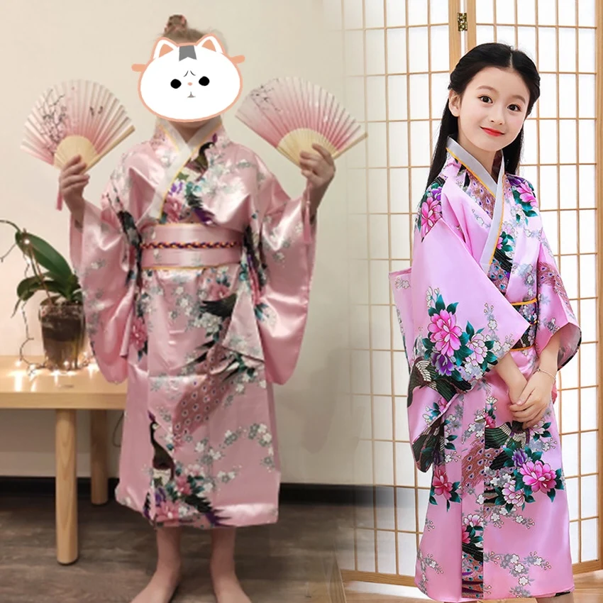 

Children Kimono Japanese Traditional Clothes Floral Print Yukata Dress Girls Cosplay Costume Japan Fashion Haori Vintage Dresses