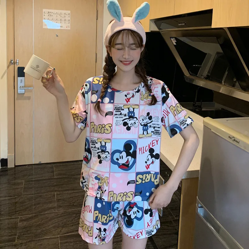 Disney summer pajamas Women cartoon bear Mickey print student thin short-sleeved cute shorts two-piece suit home service pajamas