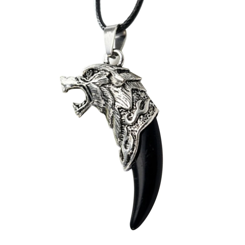 4 Color New Antique Men Necklace Tribal Carved Wolf Fang Tooth Pendant Faux Leather Rope Necklace Resin Wolf Tooth Alloy Pendant