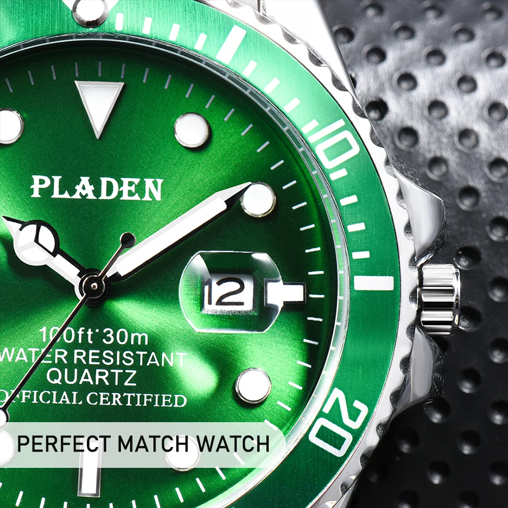 PLADEN – montre de luxe pour hommes, montre-bracelet à Quartz verte, en acier inoxydable, ronde, mode Business, horloge de plongée