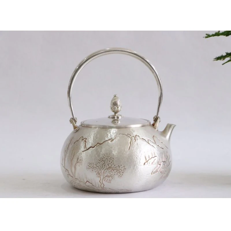 Silver pot 999 sterling silver handmade tea set Japanese retro teapot kettle home tea ceremony Kungfu tea set 1000ml