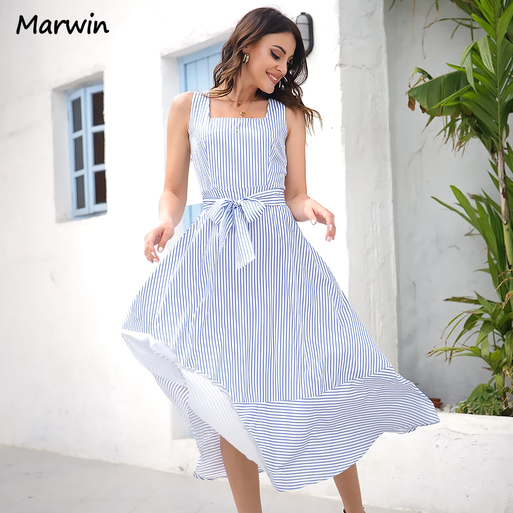 Marwin Simple Casual Long Sleeveless Striped Printed Women Dress With Belt HighWaist Street Style Mid-Calf Length Summer Dresses